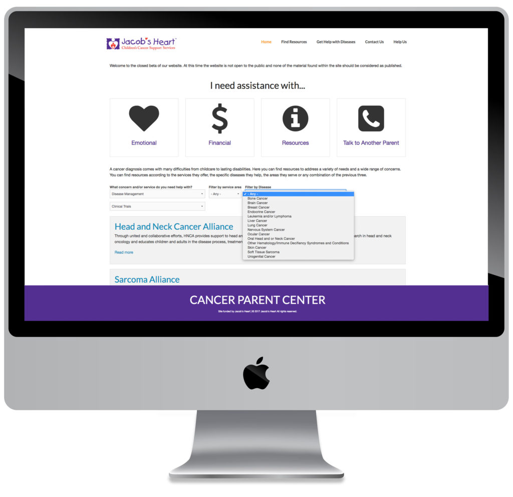 screenshot of Jacob's Heart Cancer Parent Center resource website