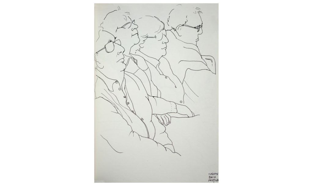 pen and ink drawing of the audience at the Carmel Bach Festival