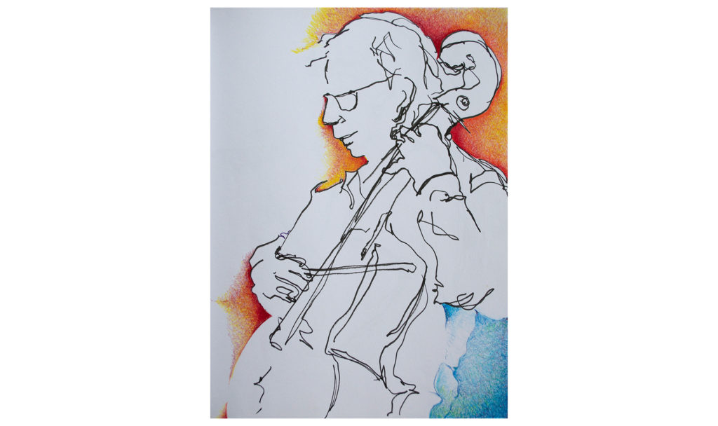 Colored pencil drawing of a man playing cello