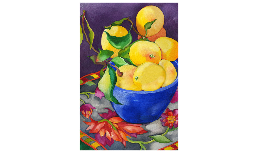 Watercolor painting of a bowl of lemons in a cobalt blue bowl on a flowered tablecloth