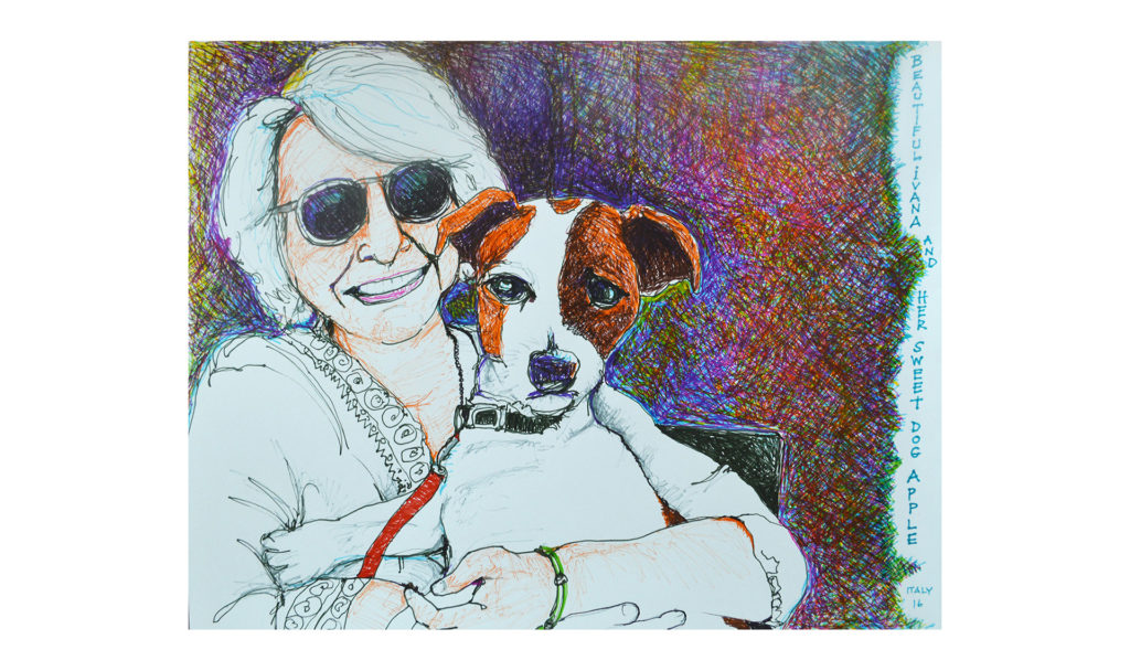Beautiful Ivana and her sweet dog Apple drawing in colored pencil and pen